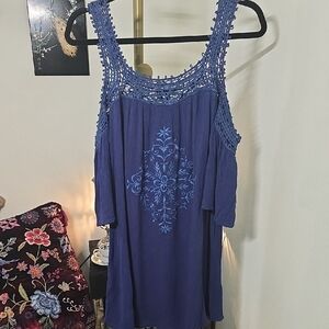 Kori Blue Embroidered Crochet Trim Cold Shoulder Tunic Dress
